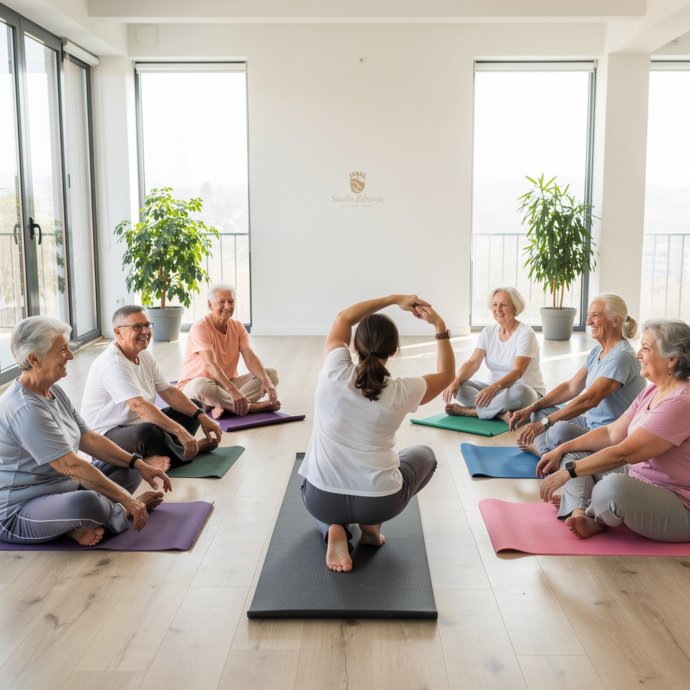 Seniors doing a gentle yoga and stretching class indoors