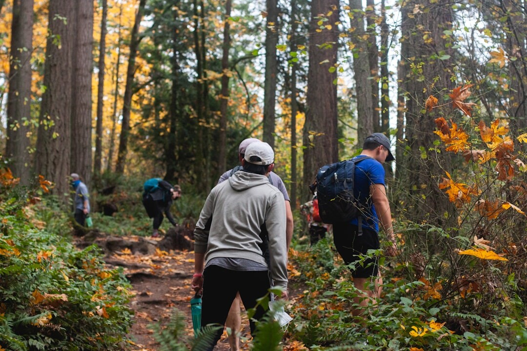 senior group walking in forest