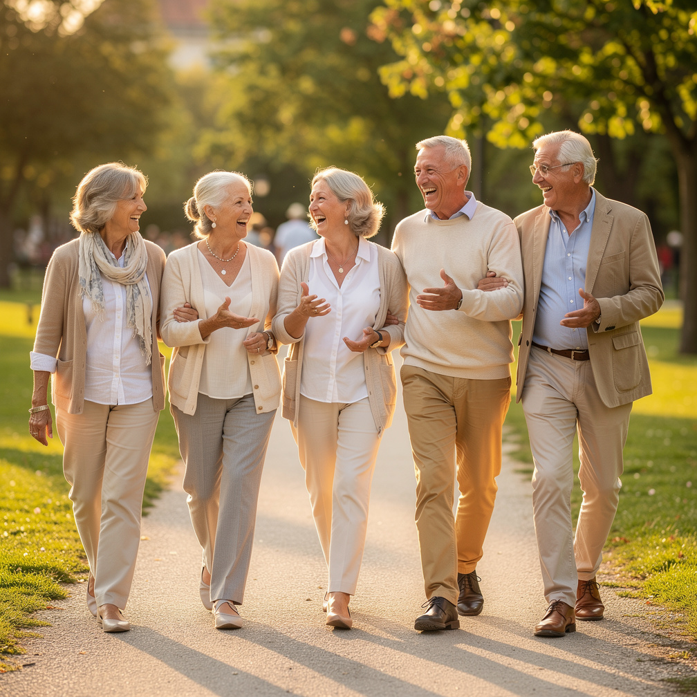 Group of active senior friends laughing together outdoors in a park
